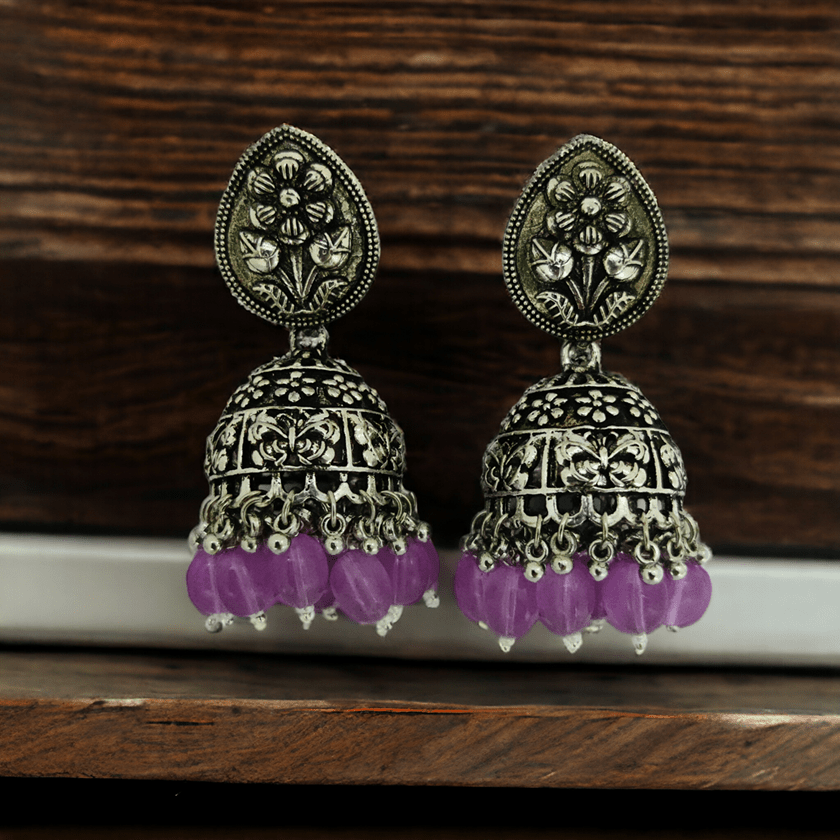 Exquisite Oxidized Jhumkas with delicate Hanging Moti