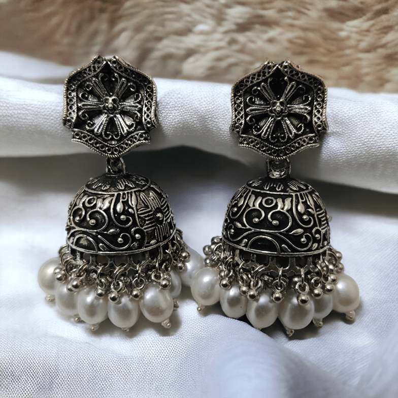 Exquisite Oxidized Jhumkas with delicate Hanging Moti