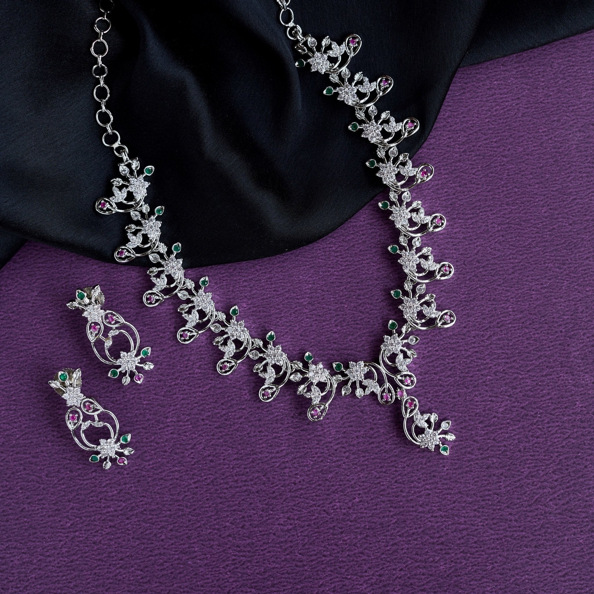Rhodium Plated Peacock Design Stone Necklace Set