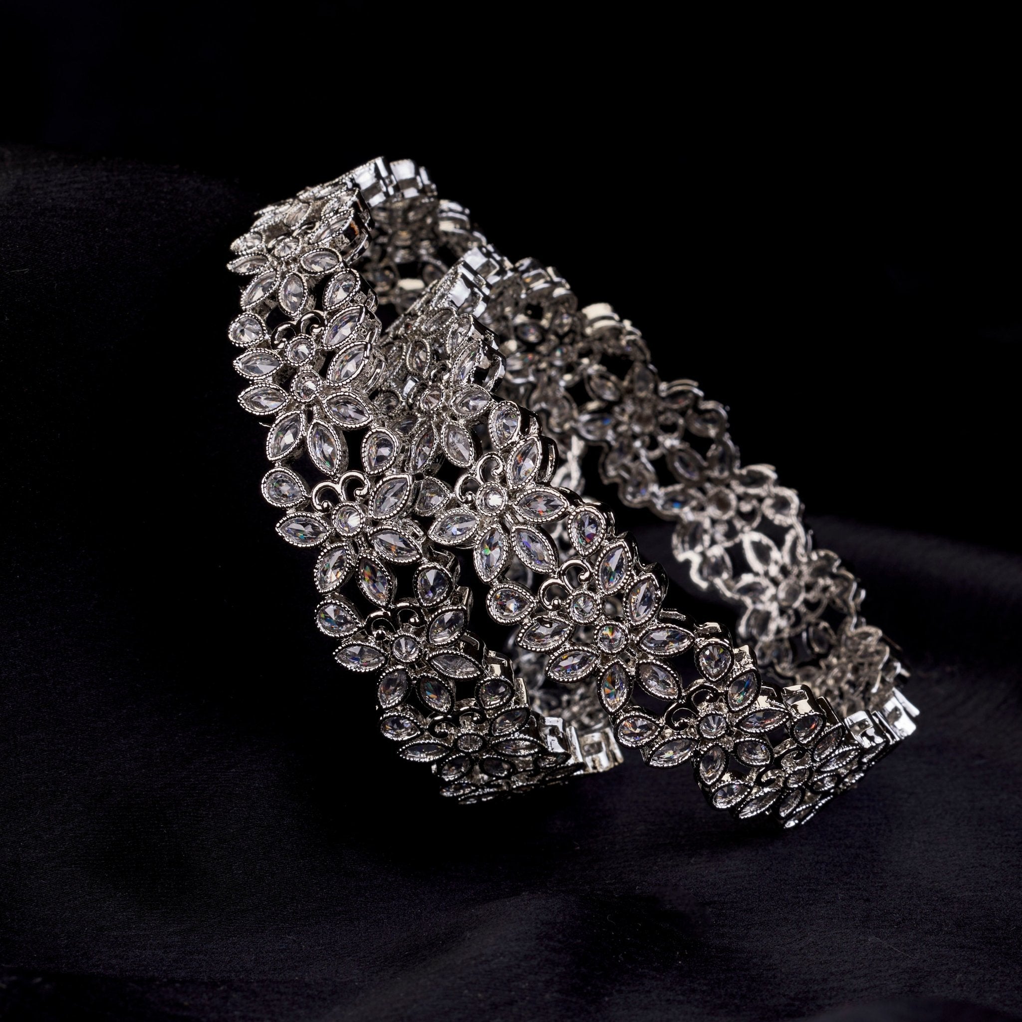 Floral Cascade Rhodium Plated Bangles