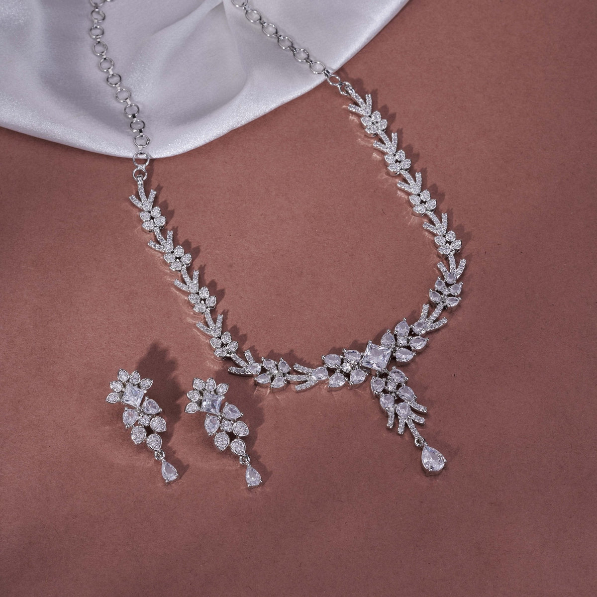Rhodium Plated Floral Leaf Stone Necklace Set