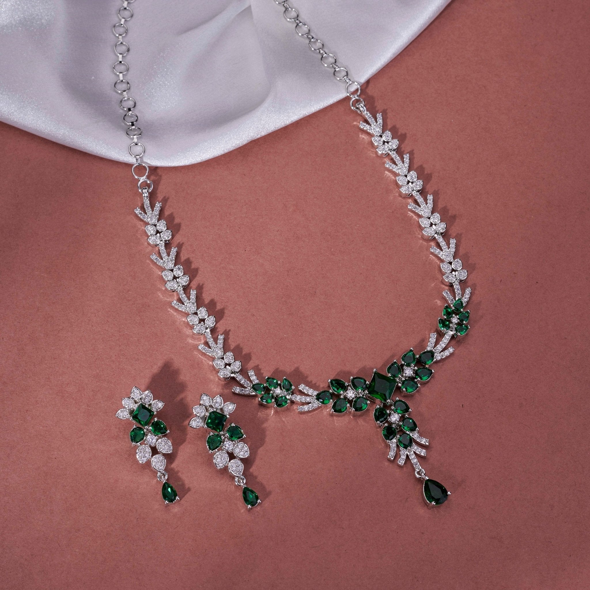 Rhodium Plated Floral Leaf Stone Necklace Set