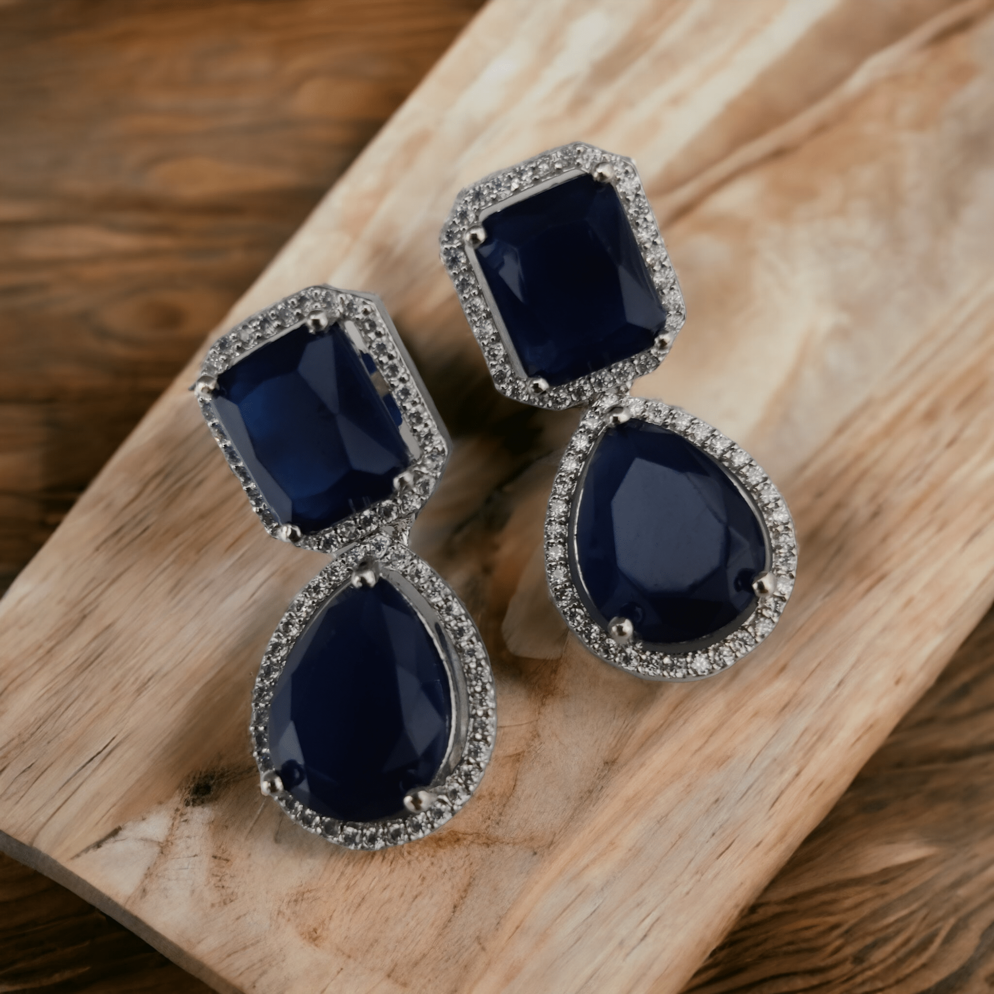 Rhodium Plated Emerald Cut & Pear Cut Amber CZ Stone Drop Earrings