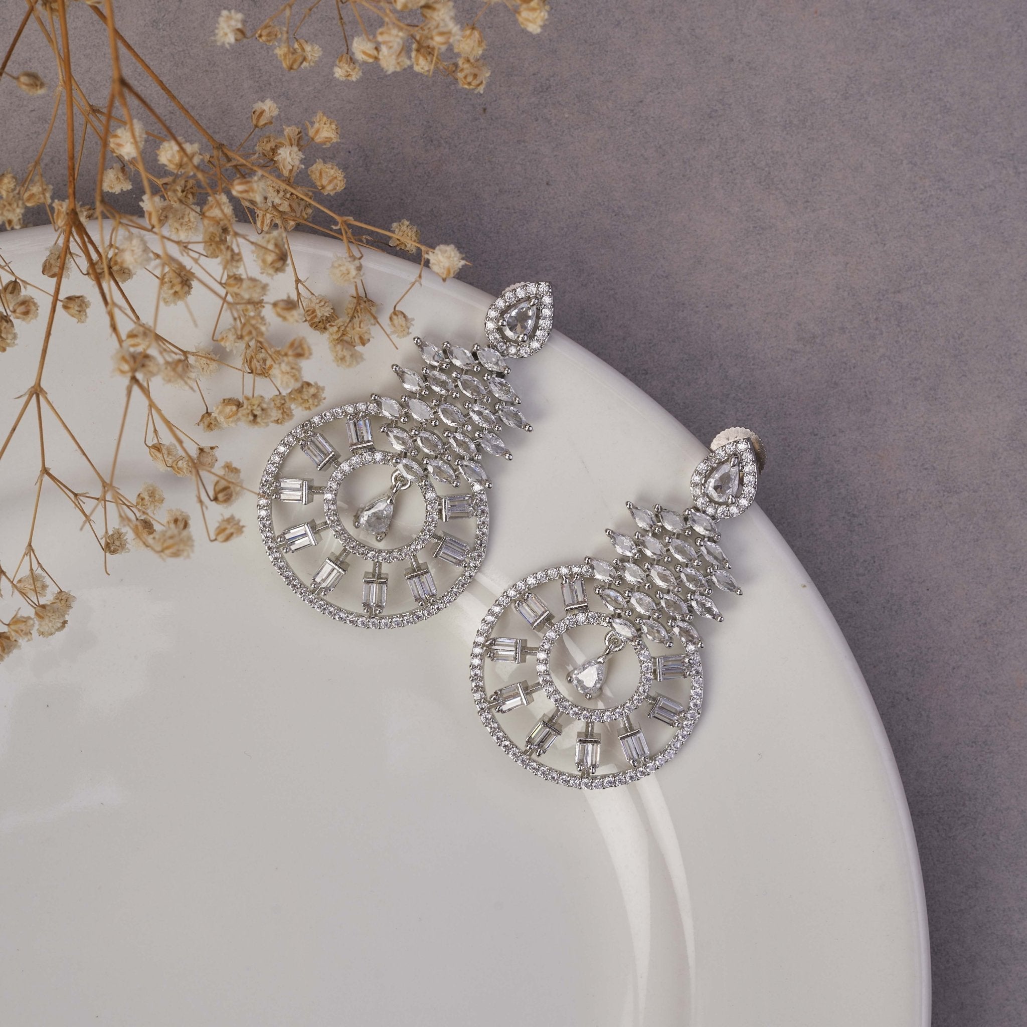 Glamorous Circular Drop Rhodium Plated Earrings