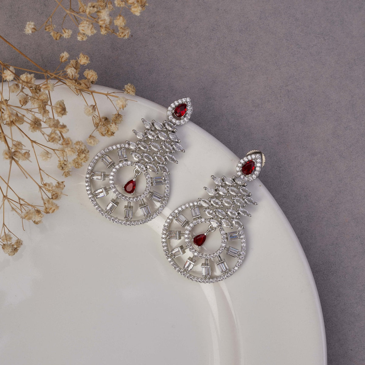 Glamorous Circular Drop Rhodium Plated Earrings