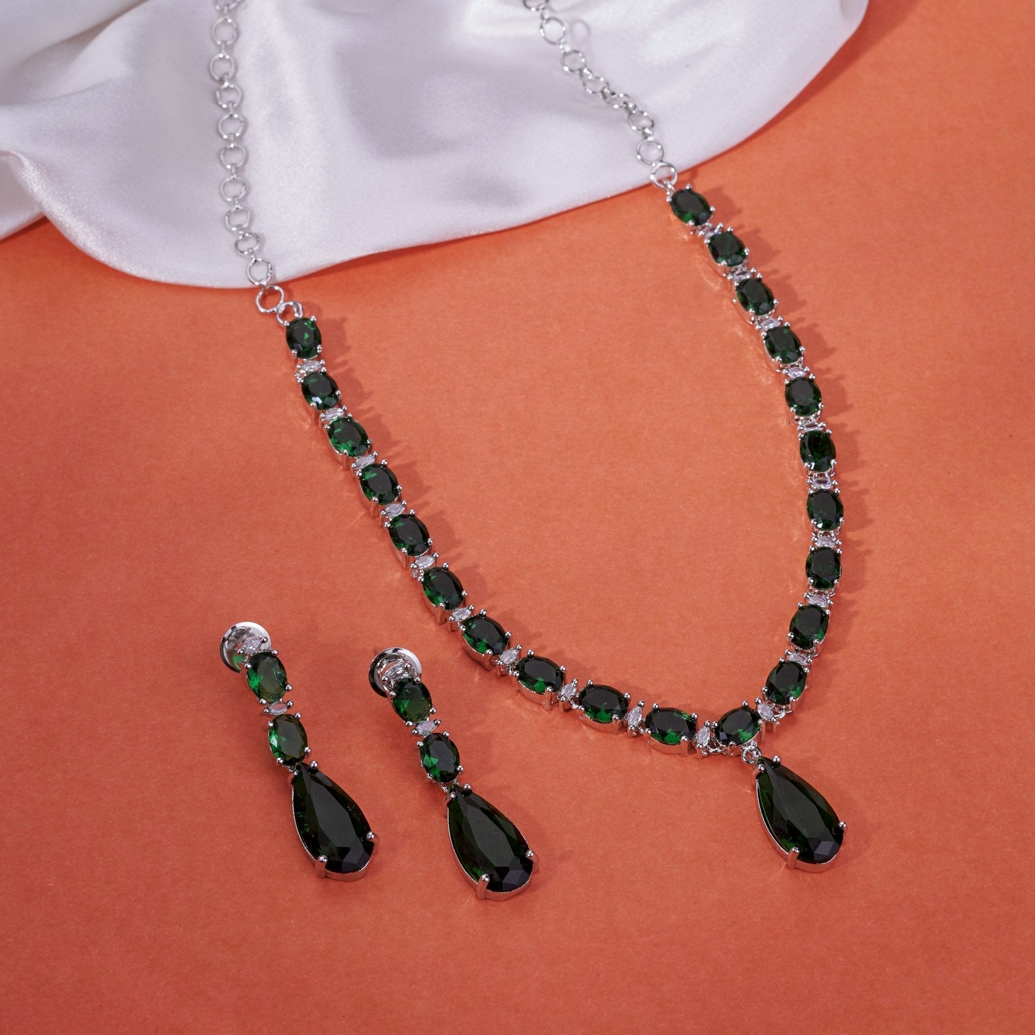 Rhodium Plated Emerald Green American Diamond Necklace Set with Teardrop Pendant & Matching Earrings
