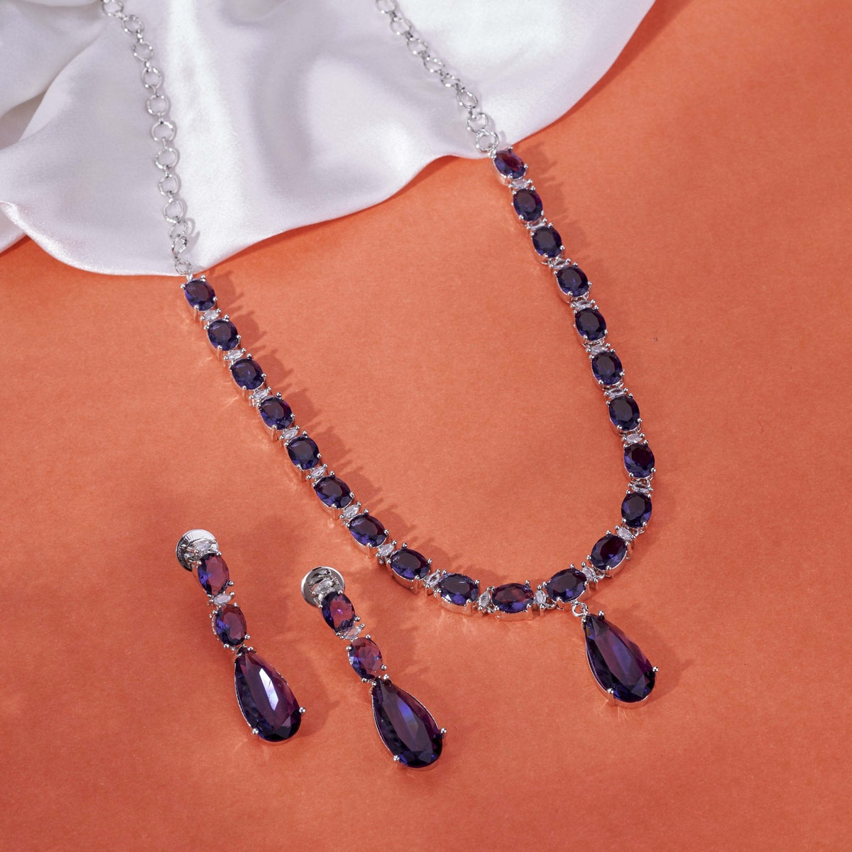Rhodium Plated Emerald Green American Diamond Necklace Set with Teardrop Pendant & Matching Earrings