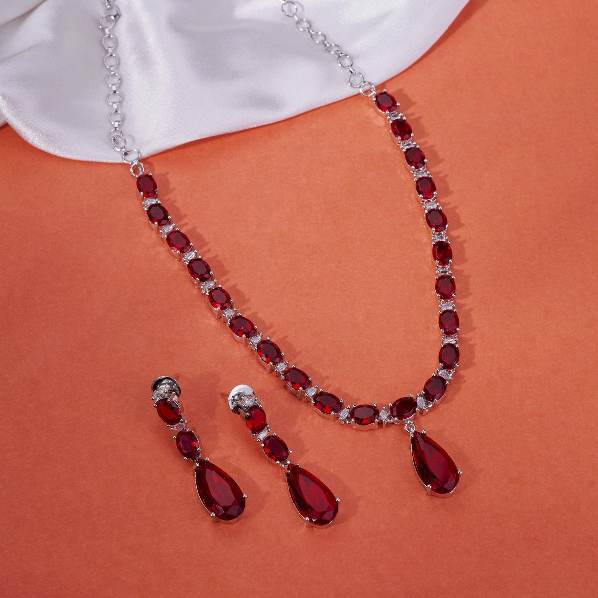 Rhodium Plated Emerald Green American Diamond Necklace Set with Teardrop Pendant & Matching Earrings