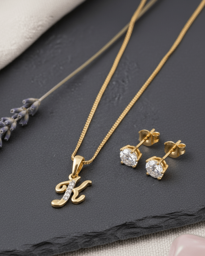 Gold-Plated Cubic Zirconia Initial K Pendant Necklace and Stud Earring Set