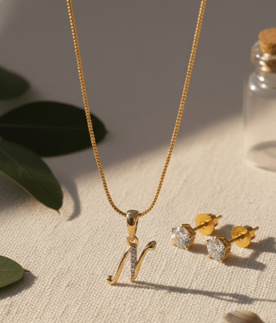 Gold-Plated Cubic Zirconia Initial N Pendant Necklace and Stud Earring Set