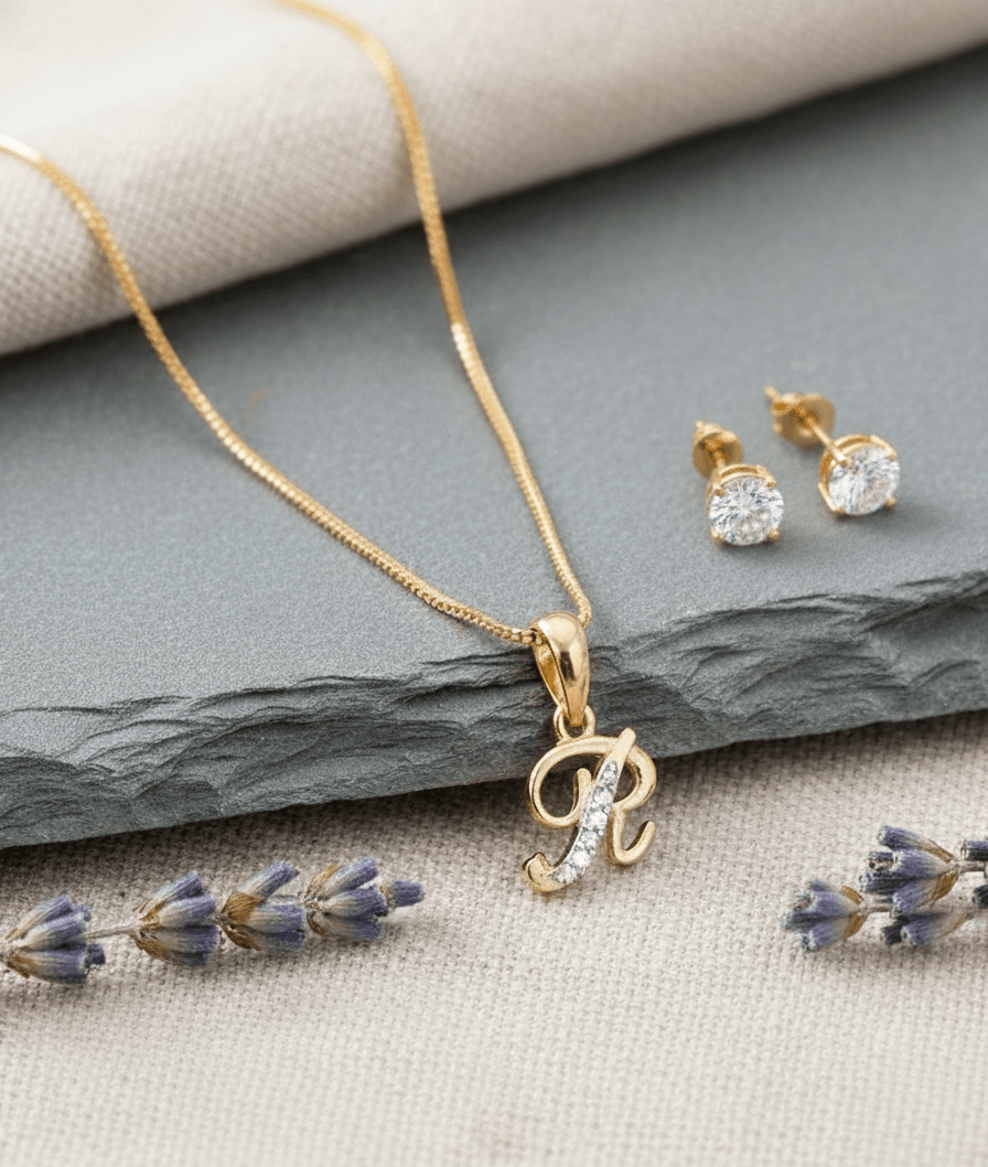 Gold-Plated Cubic Zirconia Initial R Pendant Necklace and Stud Earring Set