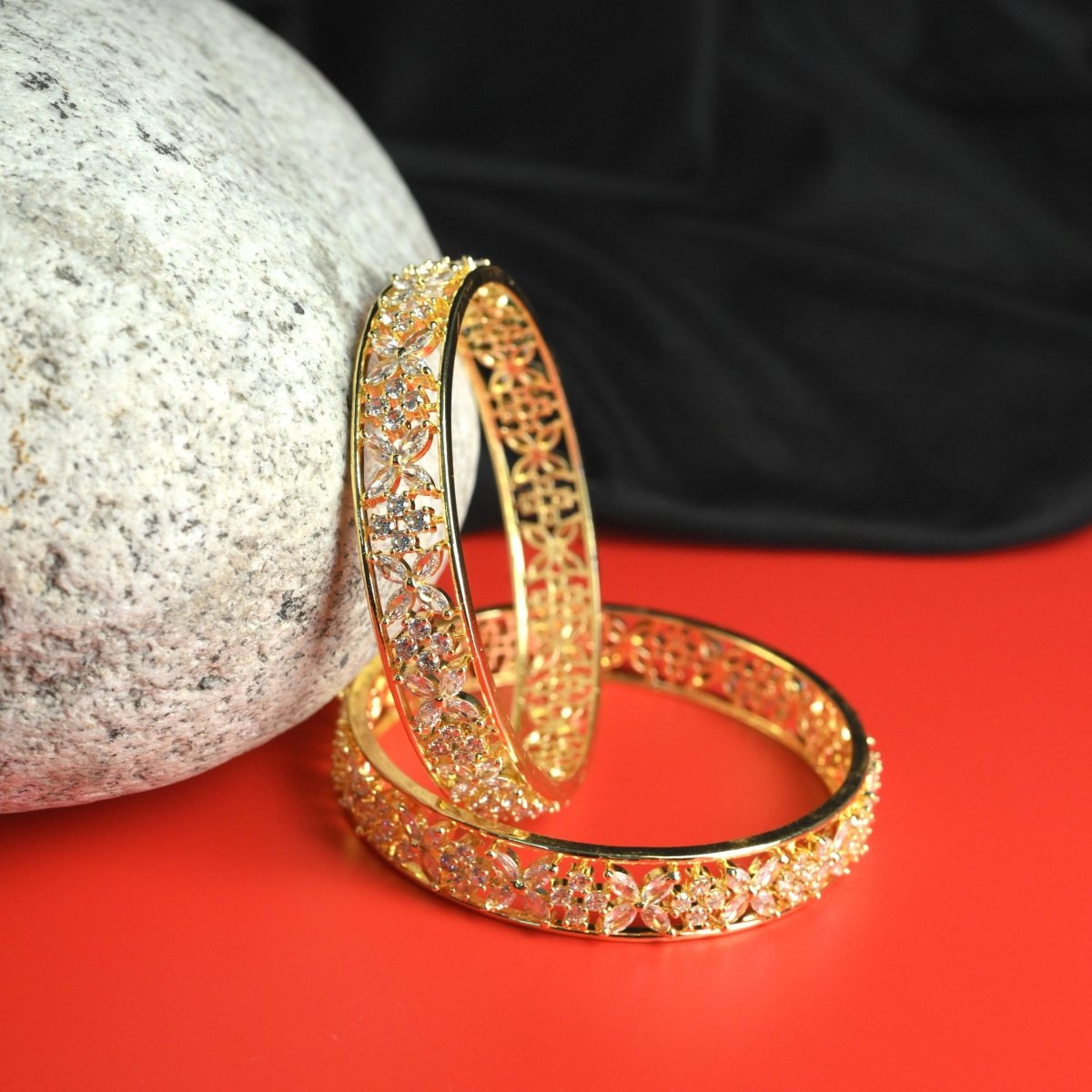 Gold Plated Floral CZ Diamond Bangles (Pack of 2)