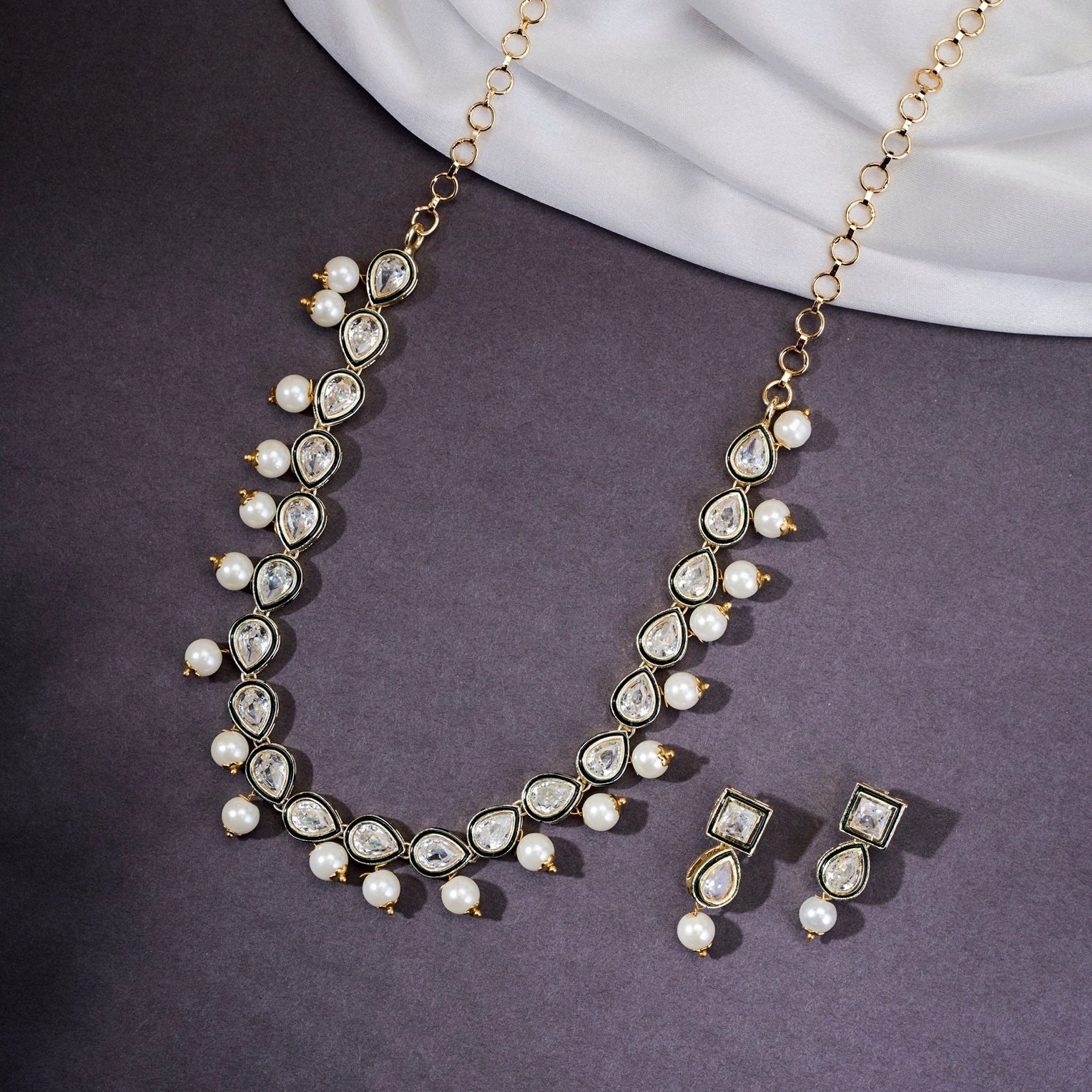 Gold Plated Kundan & Pearl Necklace Set with Earrings
