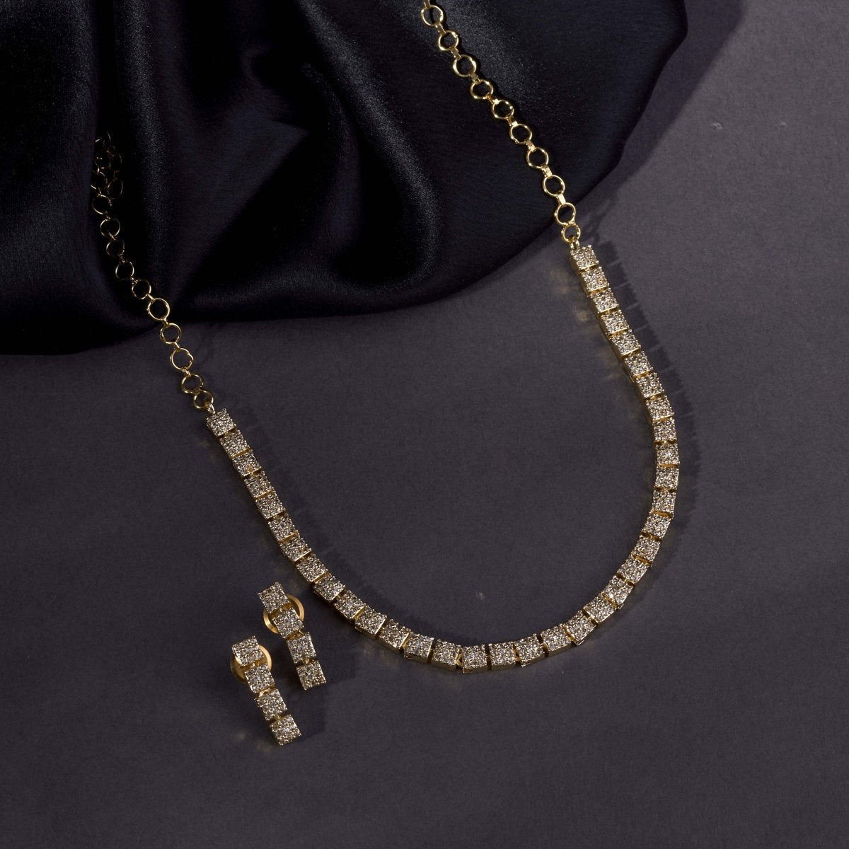 Gold Plated Necklace Earrings Set  ‘Square Luxe’ Designer Jewelry with Stone Work