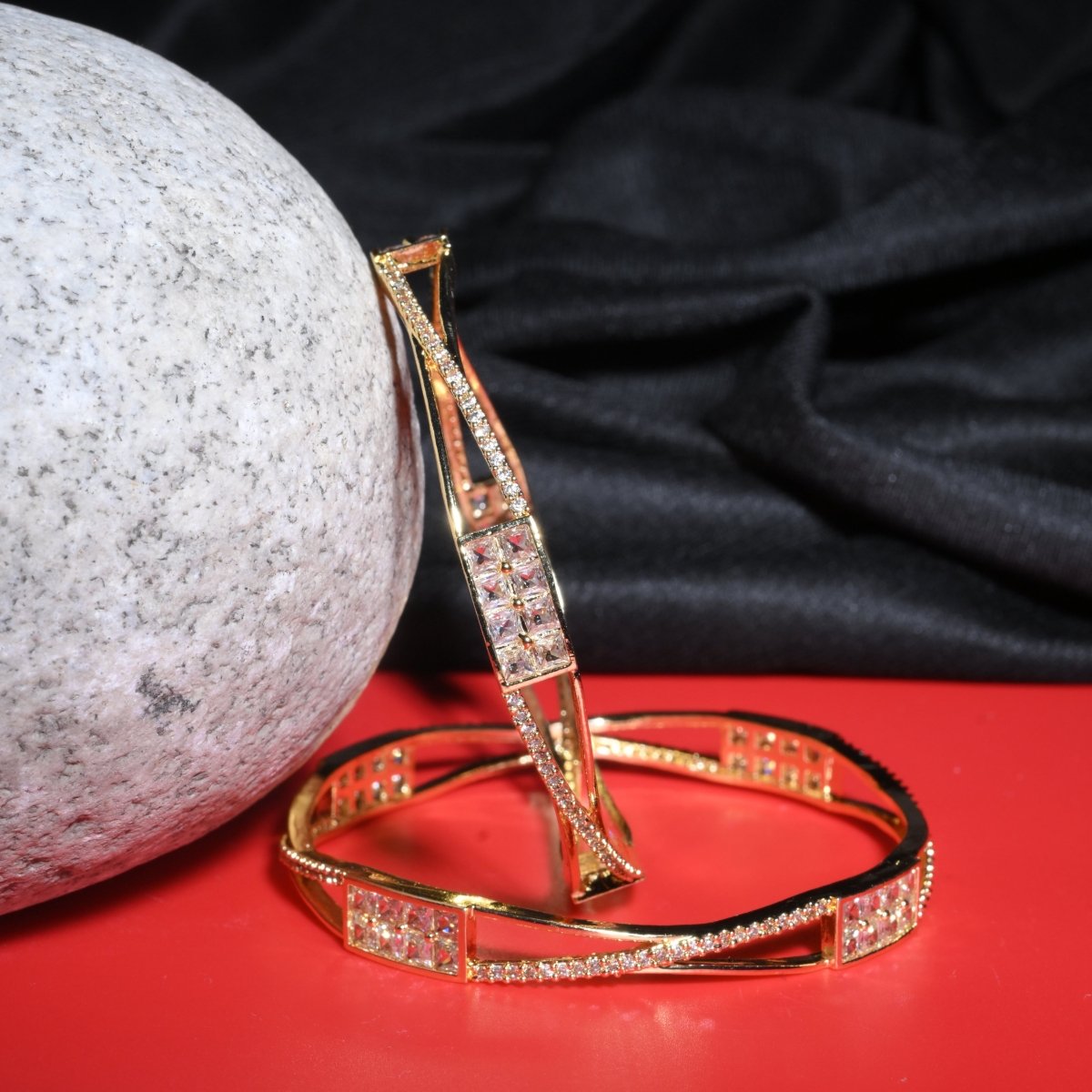 Gold Plated Rectangular Stone Studded Bangles (Pack of 2)