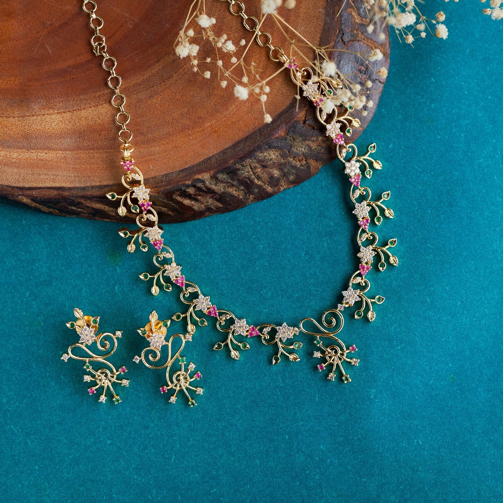 Gold Plated Floral Vine Necklace Set with CZ Stones