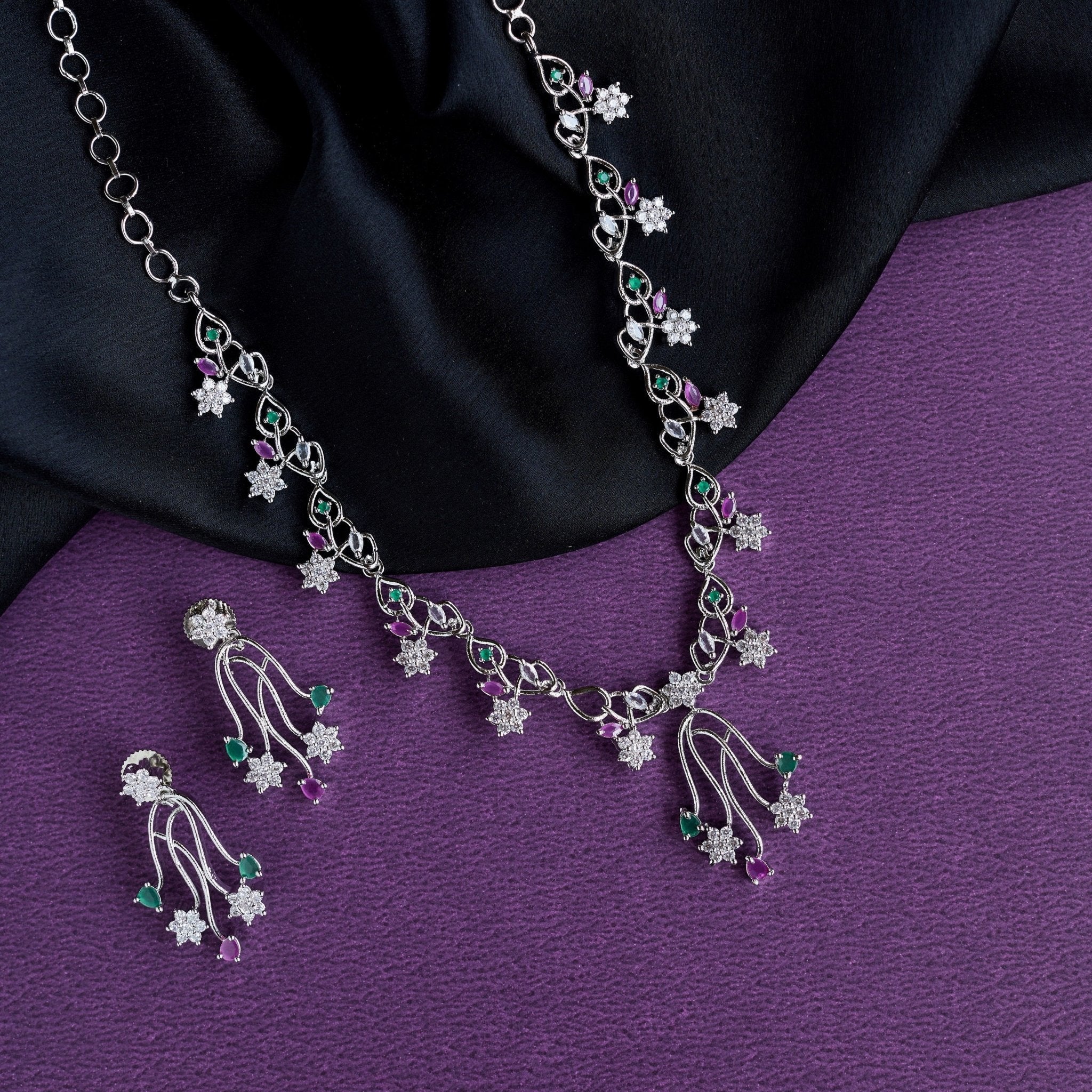 Rhodium Plated Nature-Inspired Stone Necklace Set