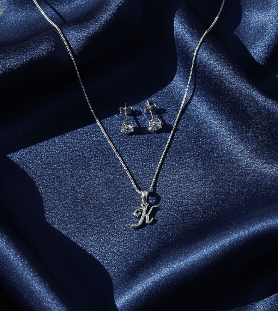 K' Initial Necklace and Cubic Zirconia Stud Earrings Set (Pack of 2)