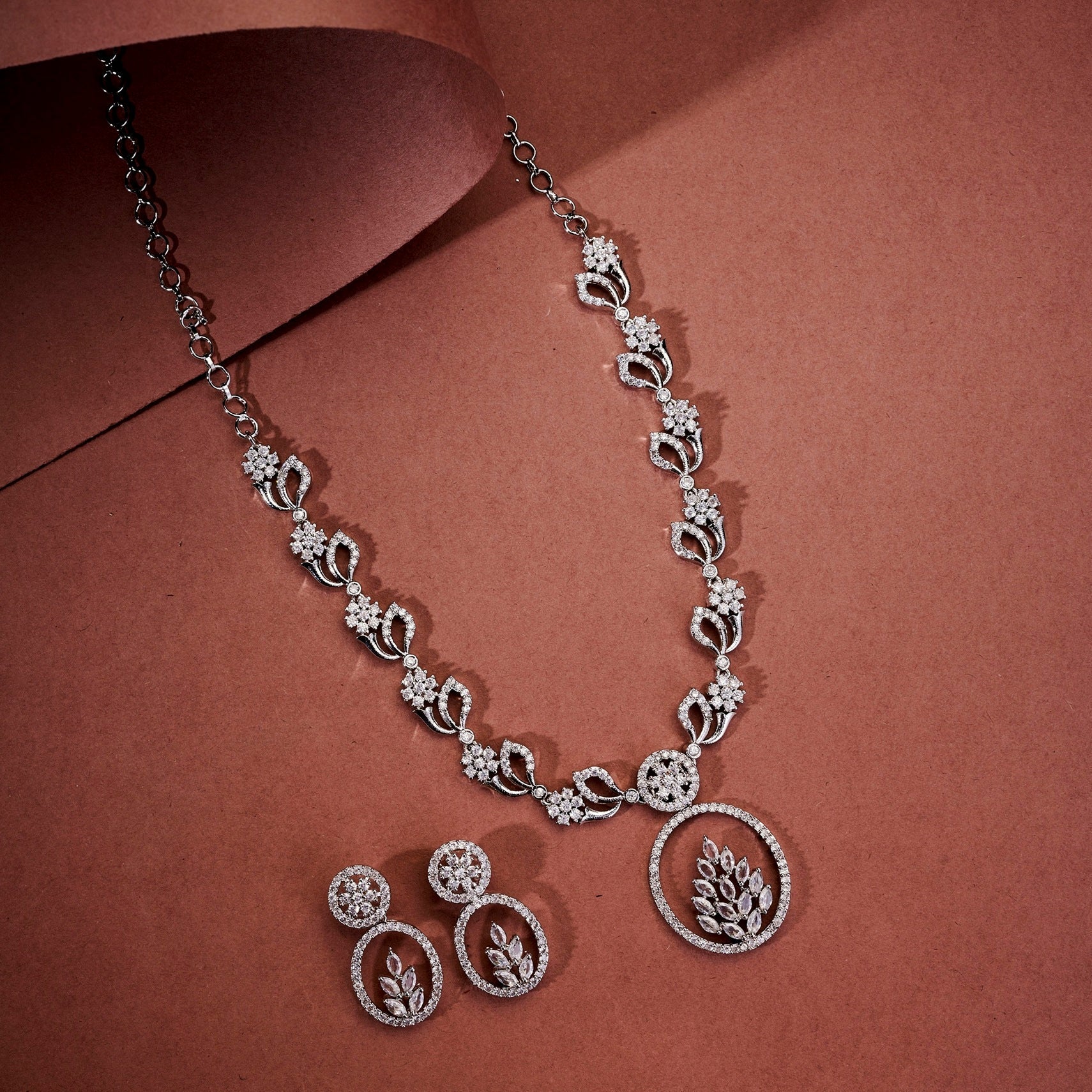 Leaflet Motif Rhodium Plated Necklace Set