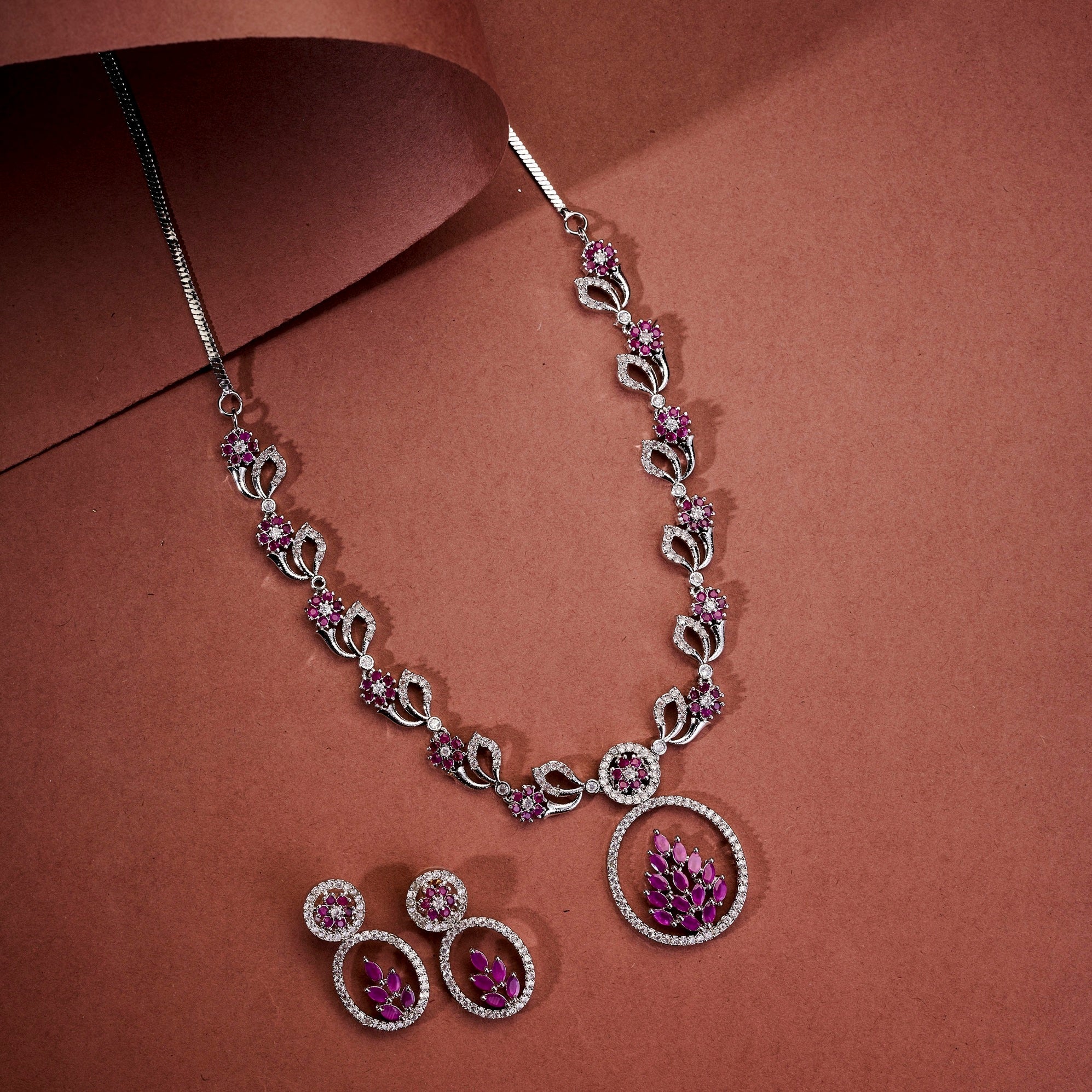 Leaflet Motif Rhodium Plated Necklace Set