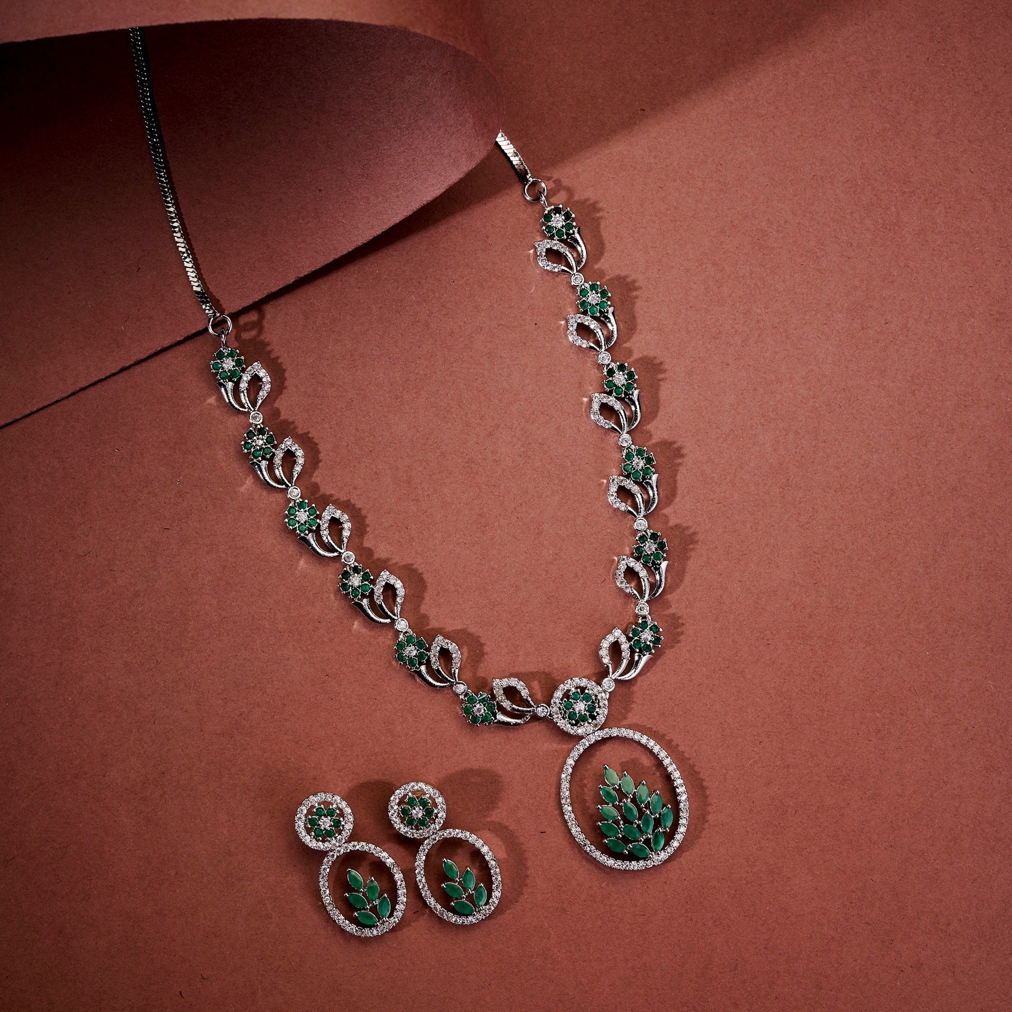 Leaflet Motif Rhodium Plated Necklace Set