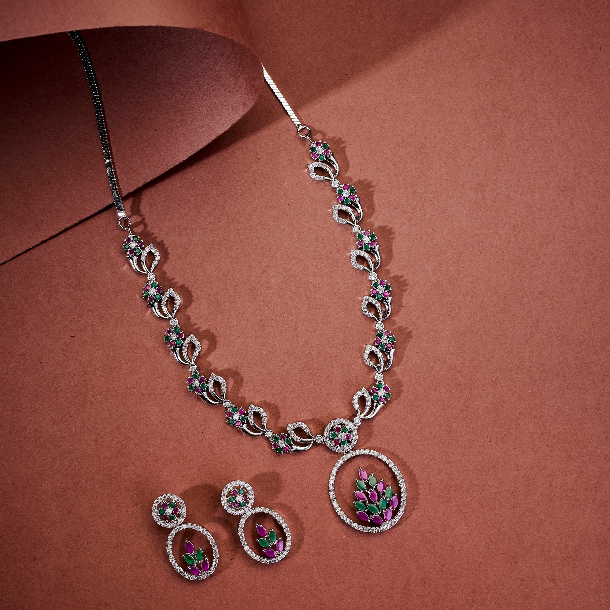 Leaflet Motif Rhodium Plated Necklace Set
