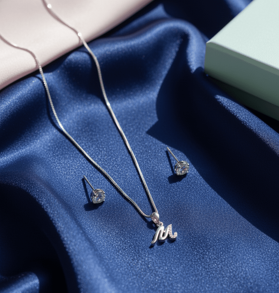 M' Initial Necklace and Cubic Zirconia Stud Earrings Set (Pack of 2)