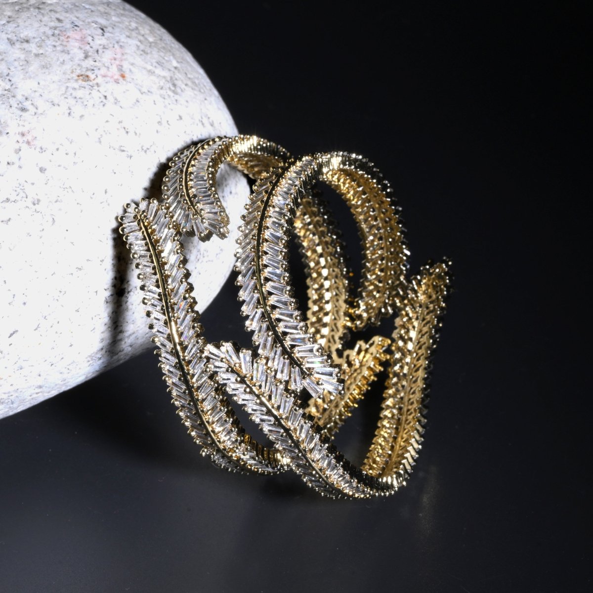 Mehendi Plated CZ Diamond Leaf Pattern Openable Bangles (Pack of 2)