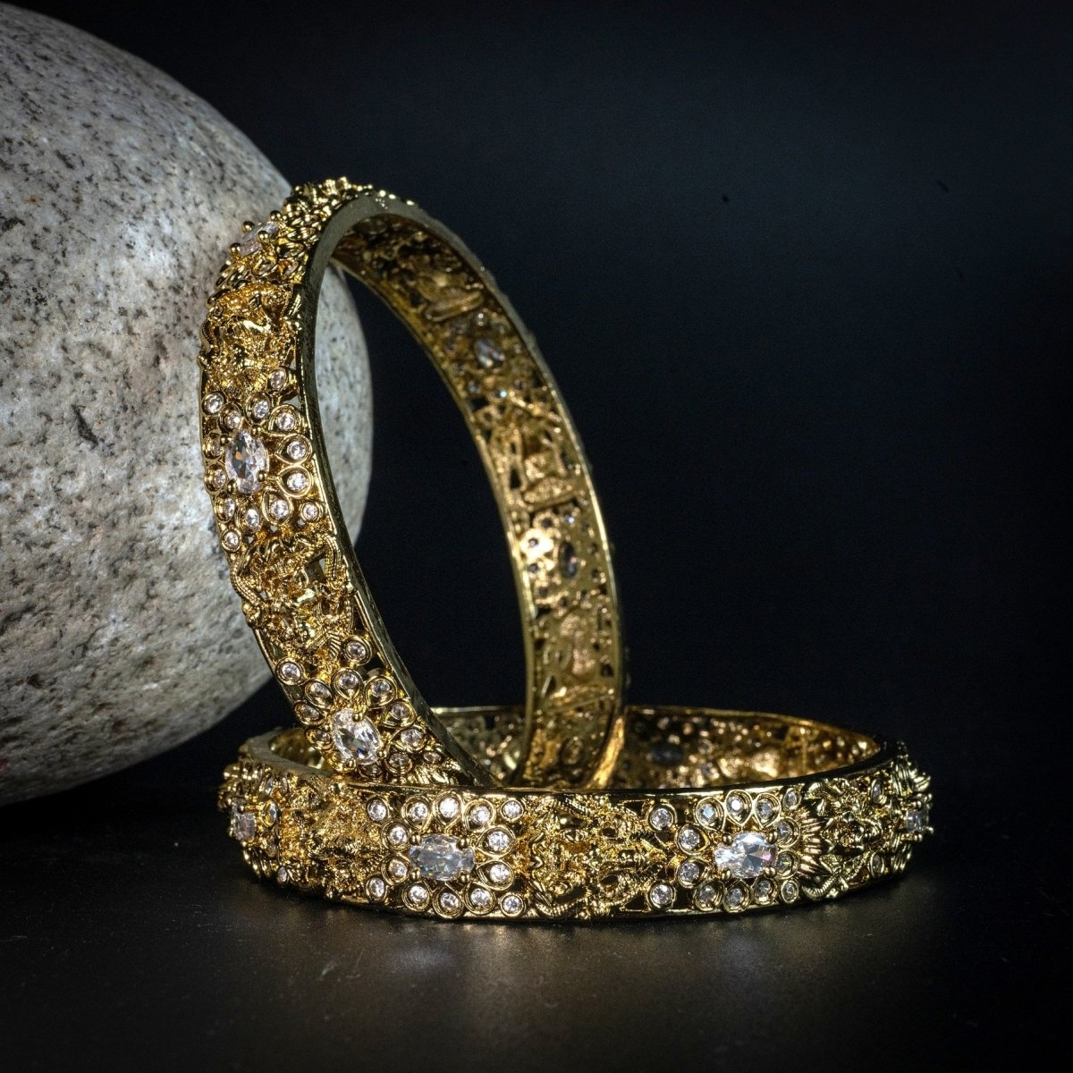 Mehendi Plated Kundan Meena Floral Stone Bangles (Pack of 2)