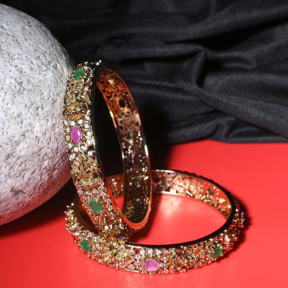 Mehendi Plated Kundan Meena Floral Stone Bangles (Pack of 2)
