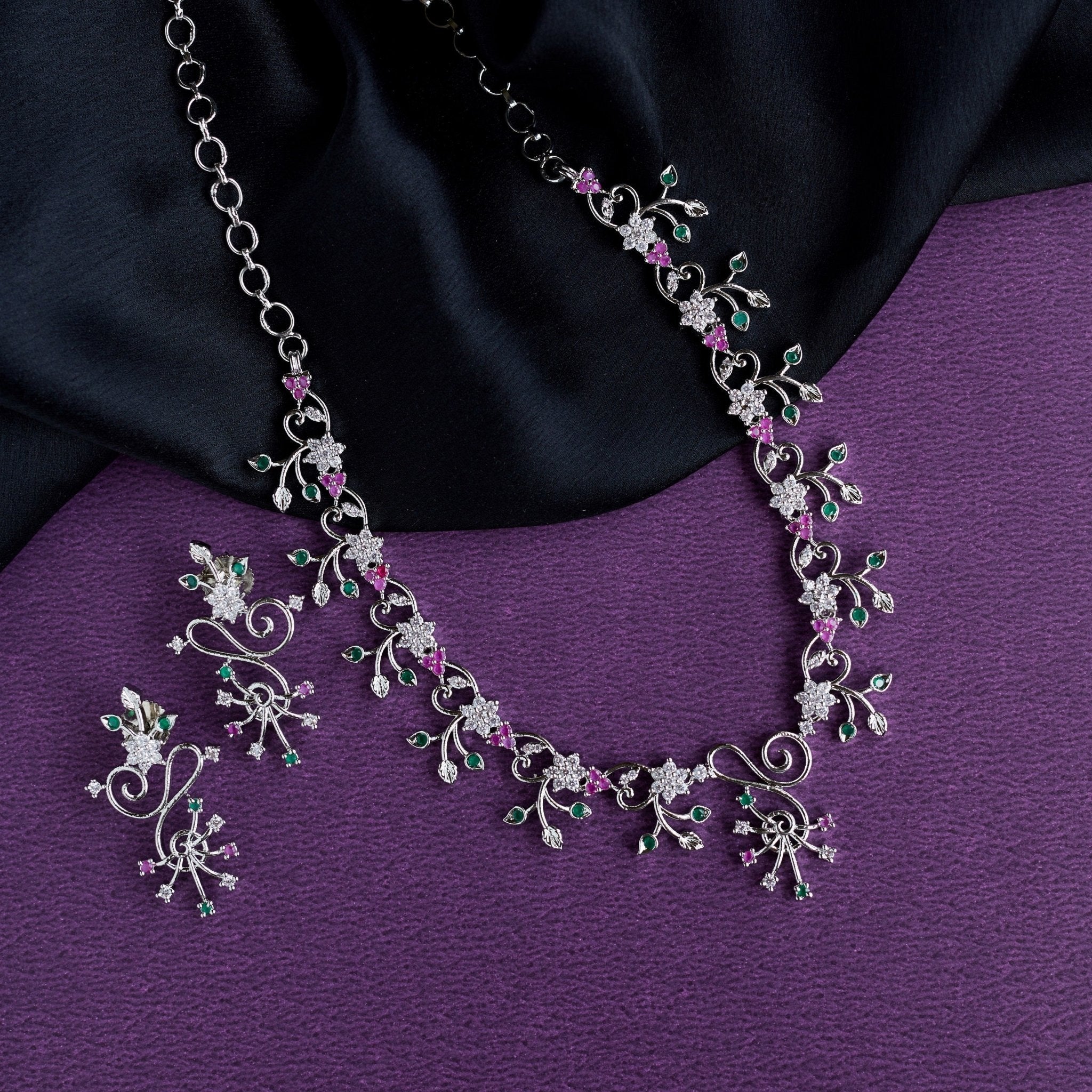 Rhodium Plated Floral Stone Necklace Set