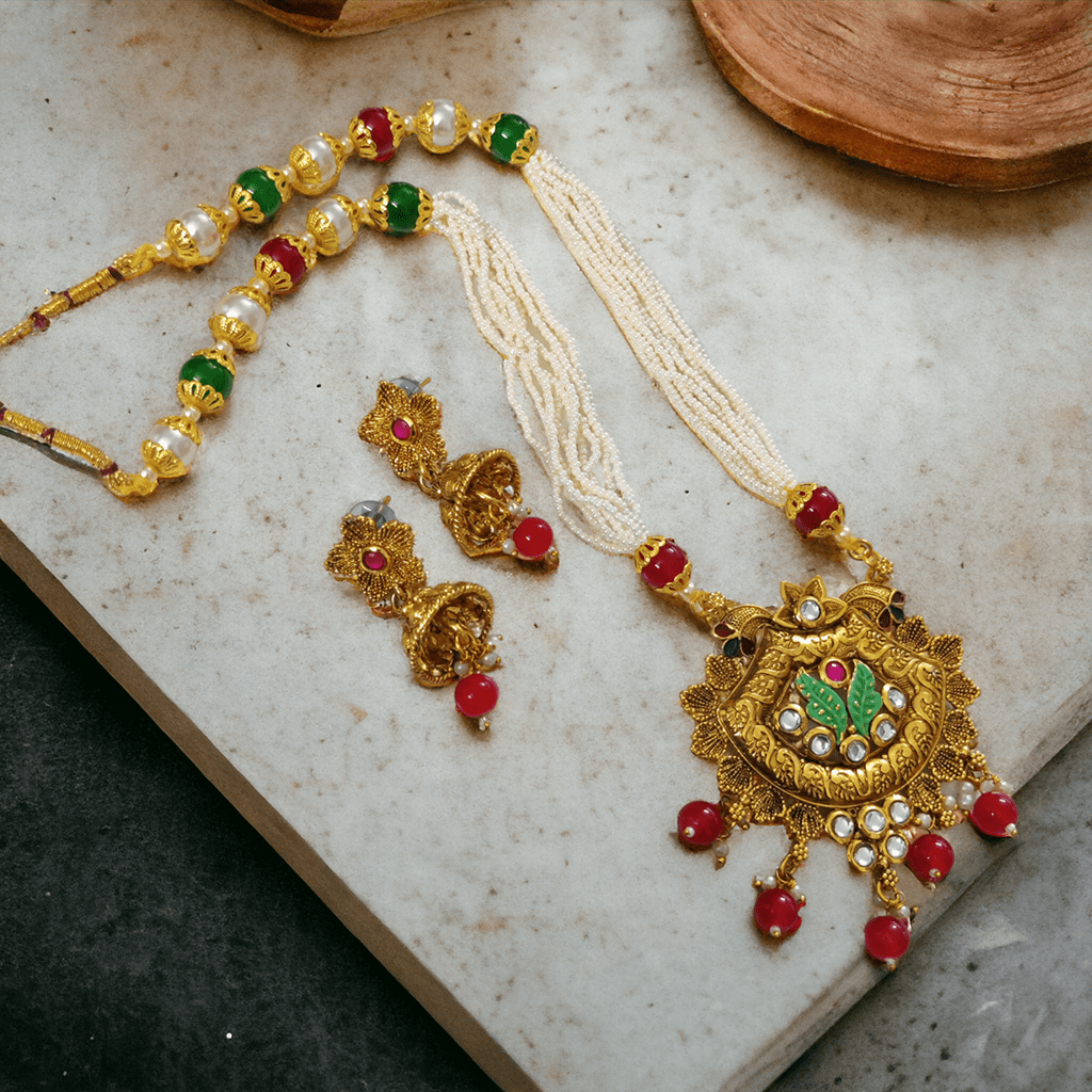 Gold Plated Antique Traditional Pearl Mala Necklace Set
