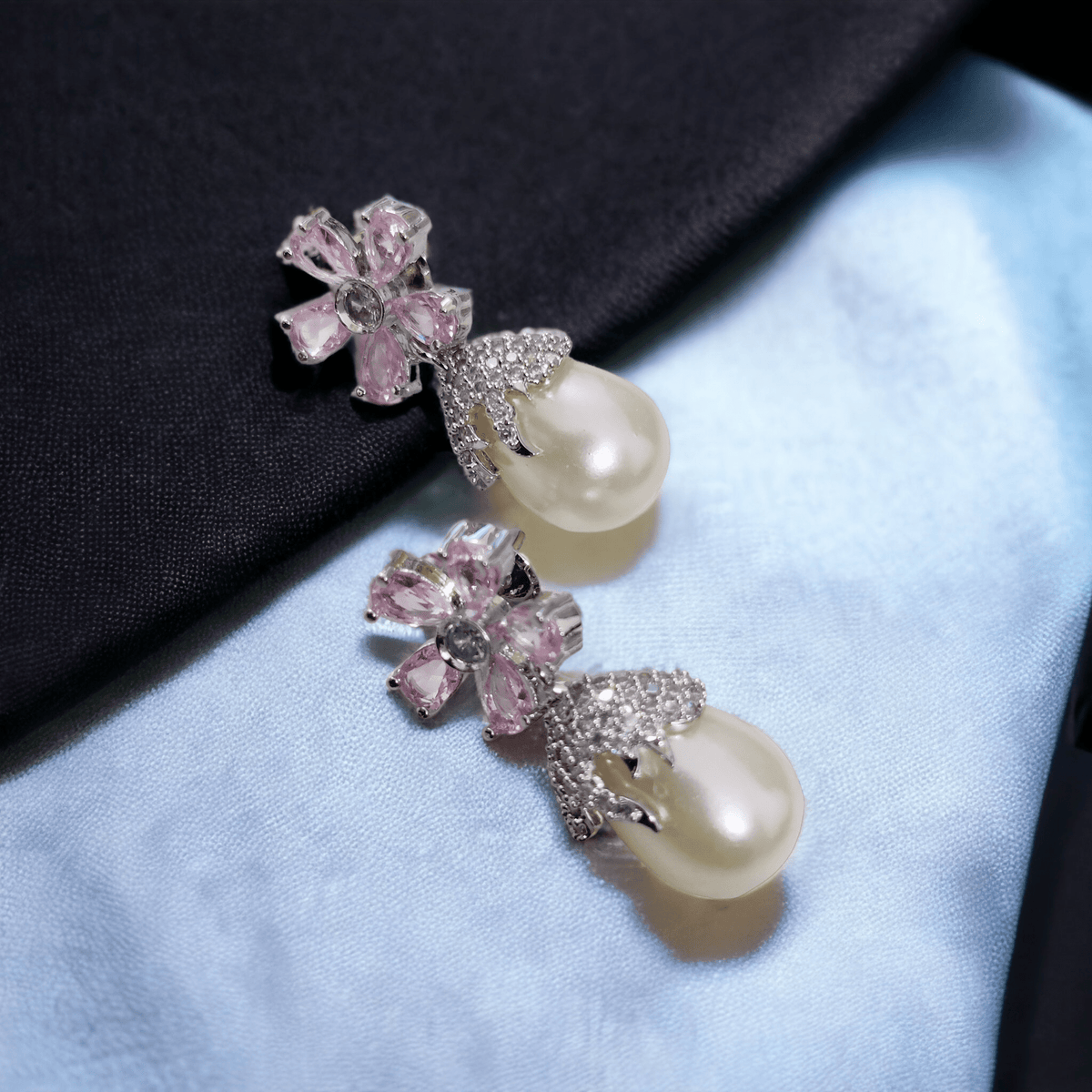Rhodium Plated Floral Pearl Drop Earrings