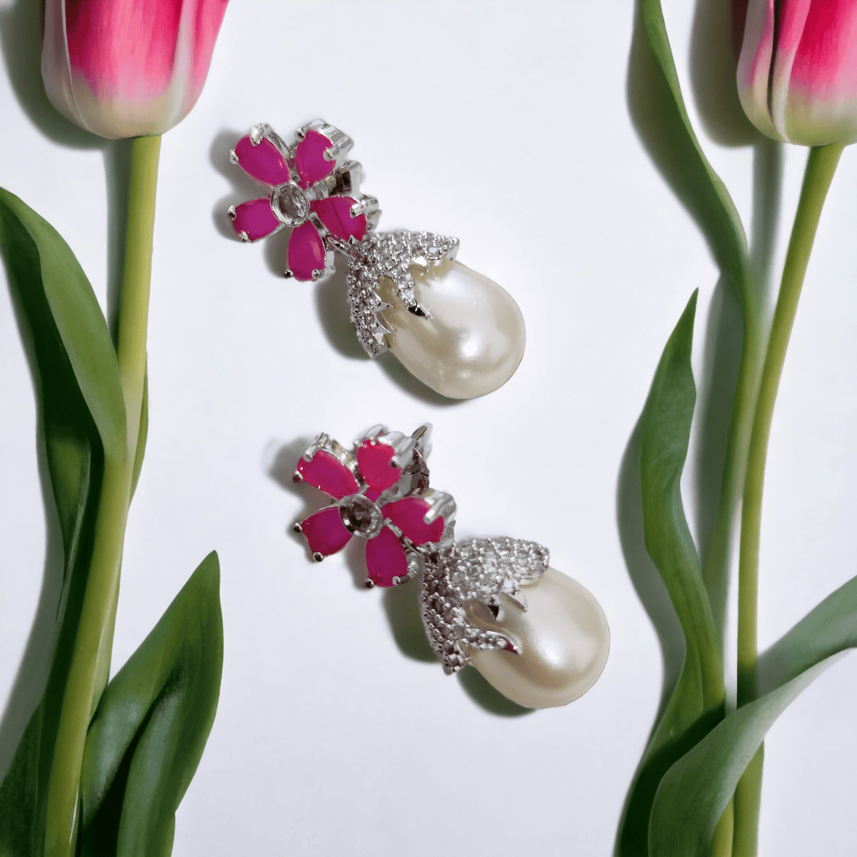 Rhodium Plated Floral Pearl Drop Earrings