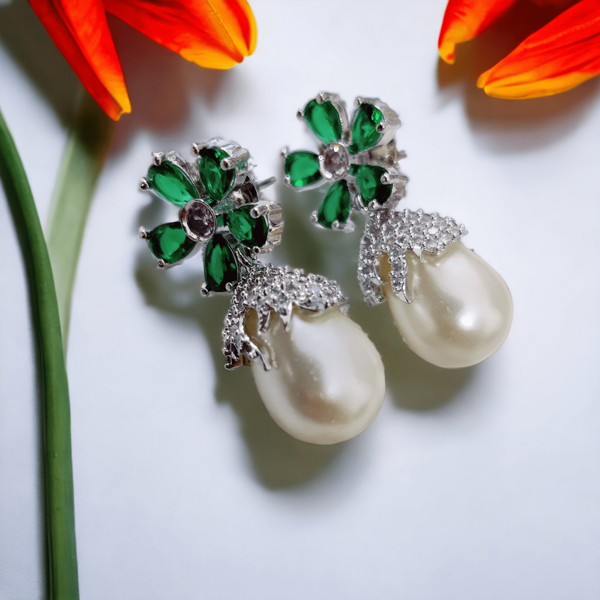 Rhodium Plated Floral Pearl Drop Earrings
