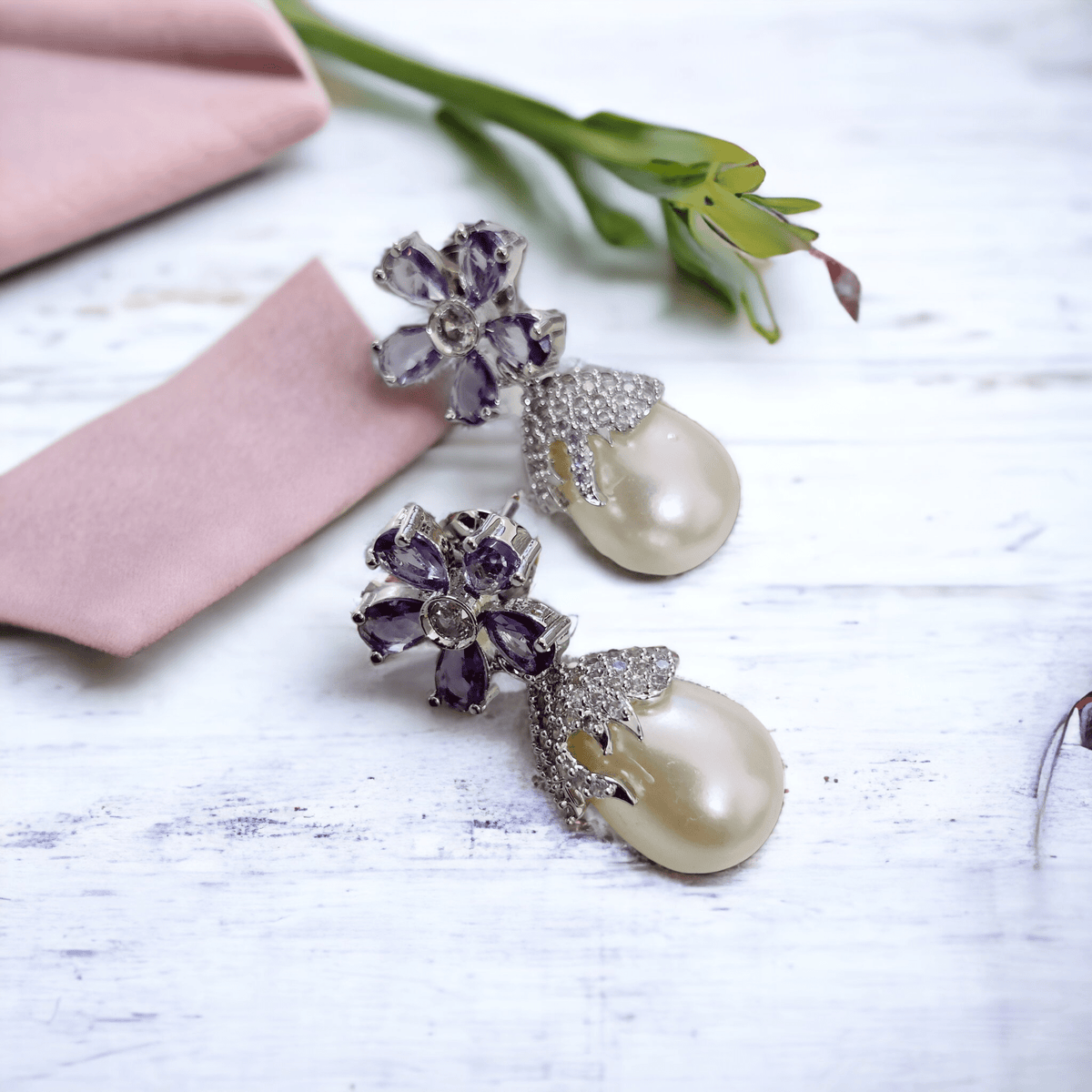 Rhodium Plated Floral Pearl Drop Earrings