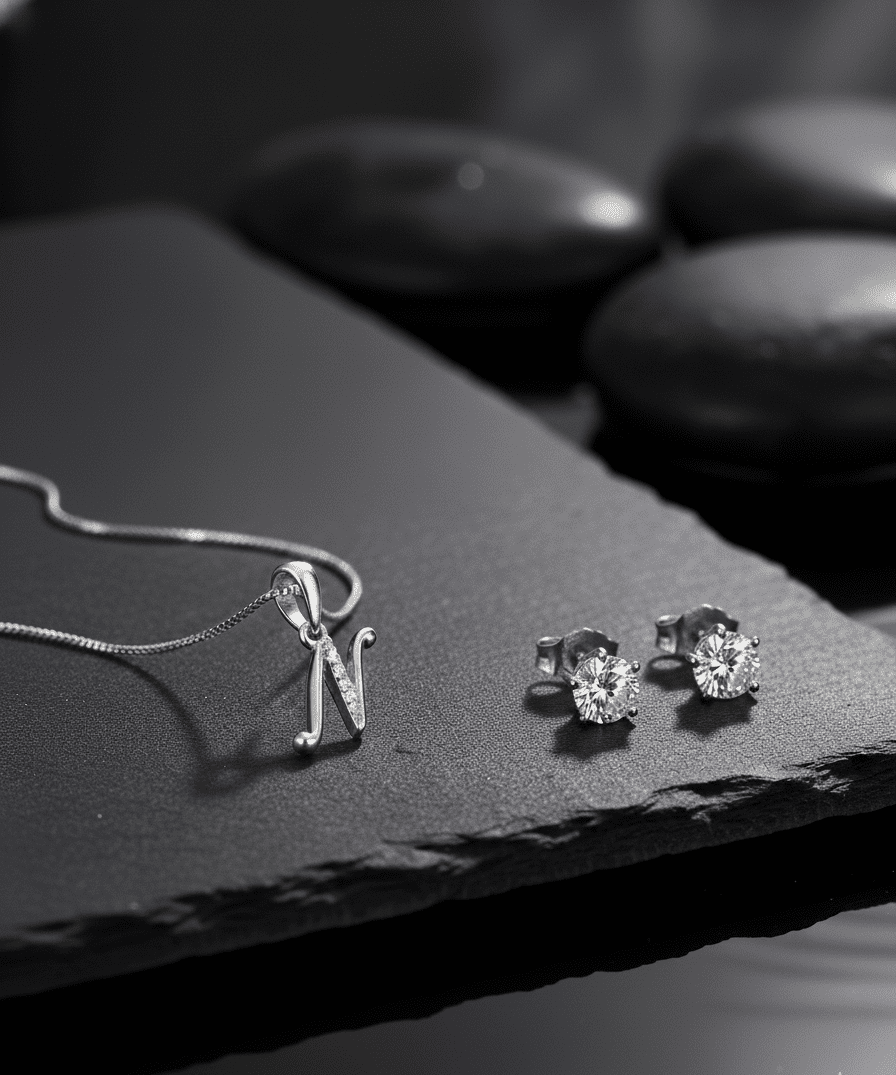 N' Initial Necklace and Cubic Zirconia Stud Earrings Set (Pack of 2)
