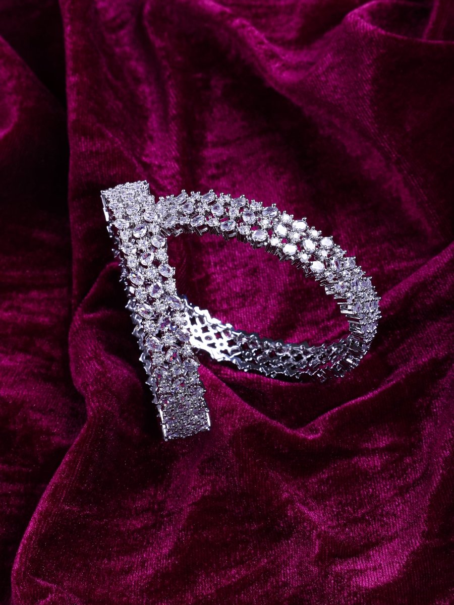 Opulent Cubic Zirconia Statement Rhodium Plated Bangles Set (Pack of 2)