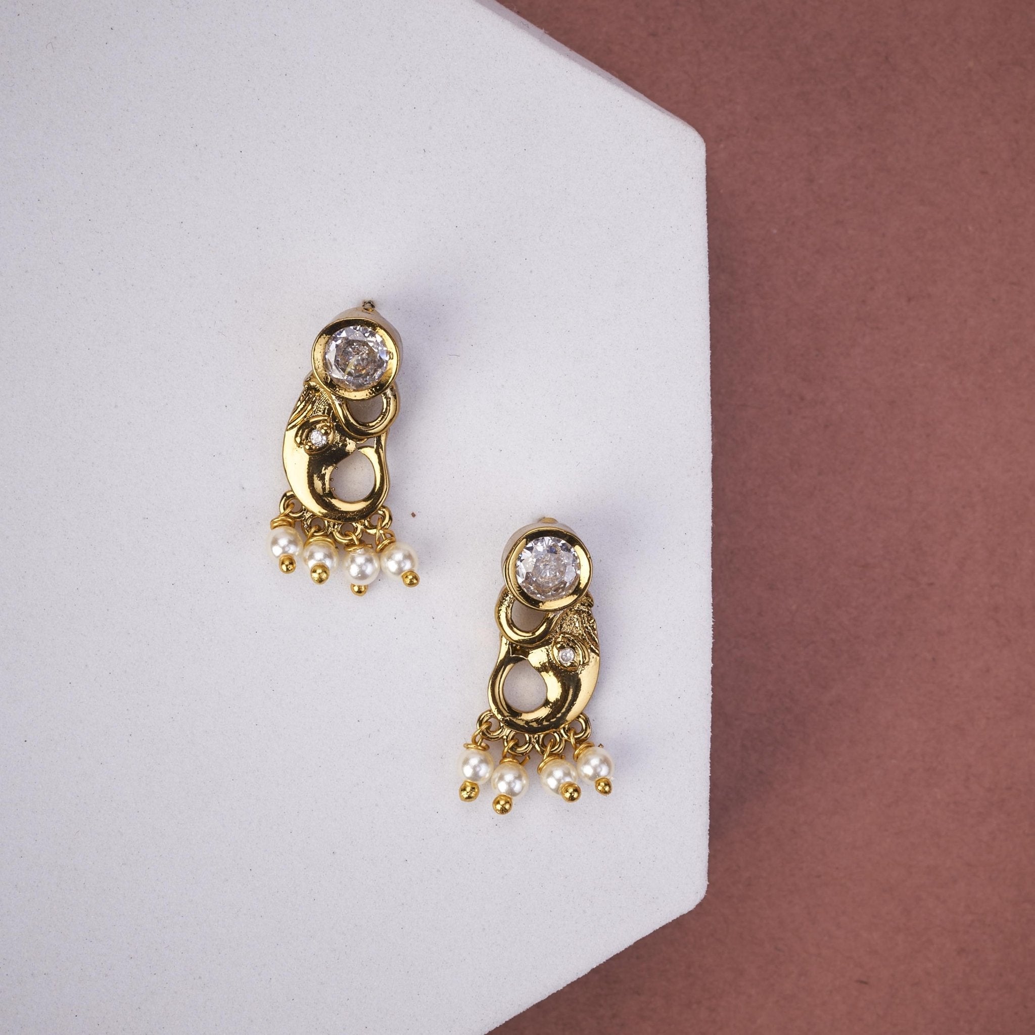 Mehendi Plated Elephant Stud Earrings with Pearl Drops