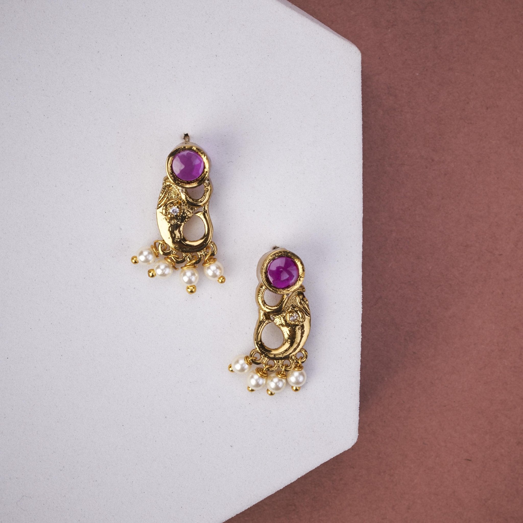 Mehendi Plated Elephant Stud Earrings with Pearl Drops