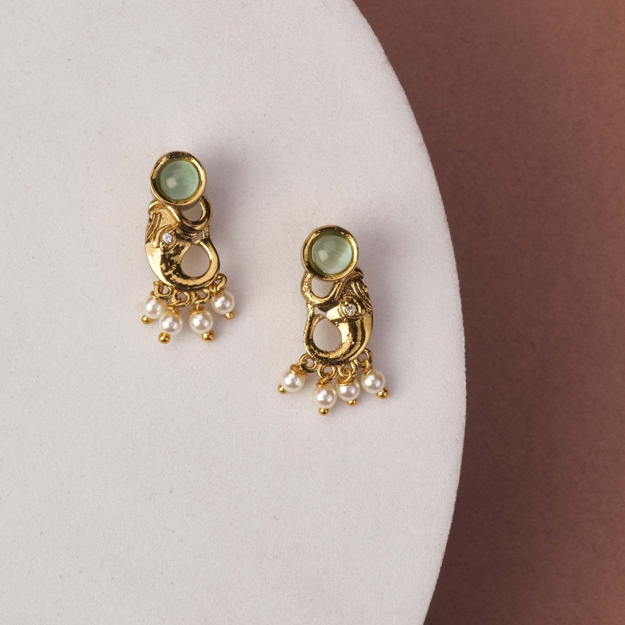 Mehendi Plated Elephant Stud Earrings with Pearl Drops