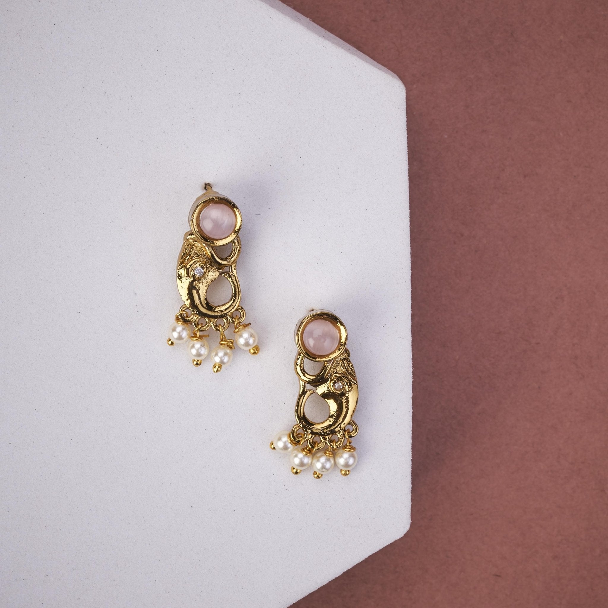 Mehendi Plated Elephant Stud Earrings with Pearl Drops