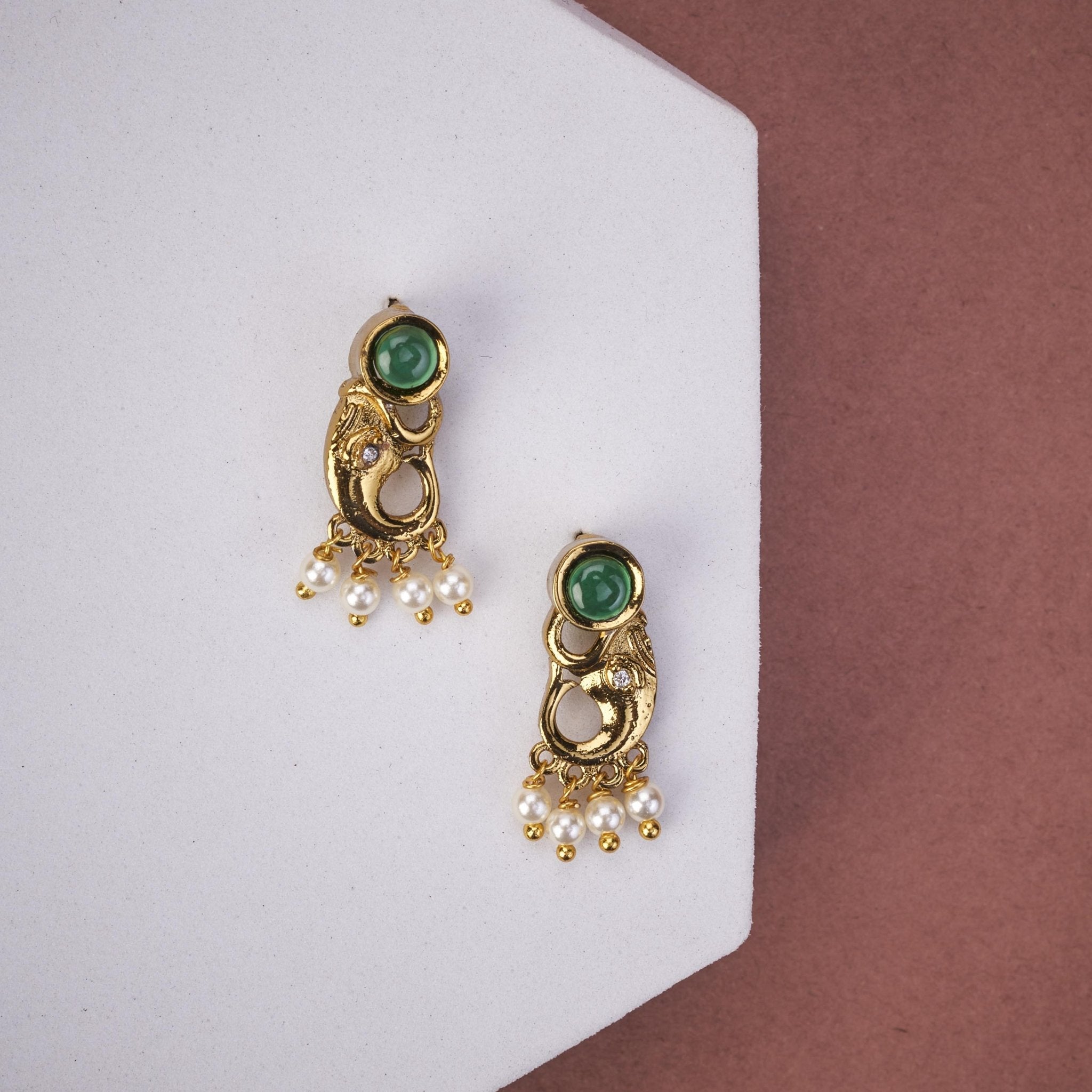 Mehendi Plated Elephant Stud Earrings with Pearl Drops