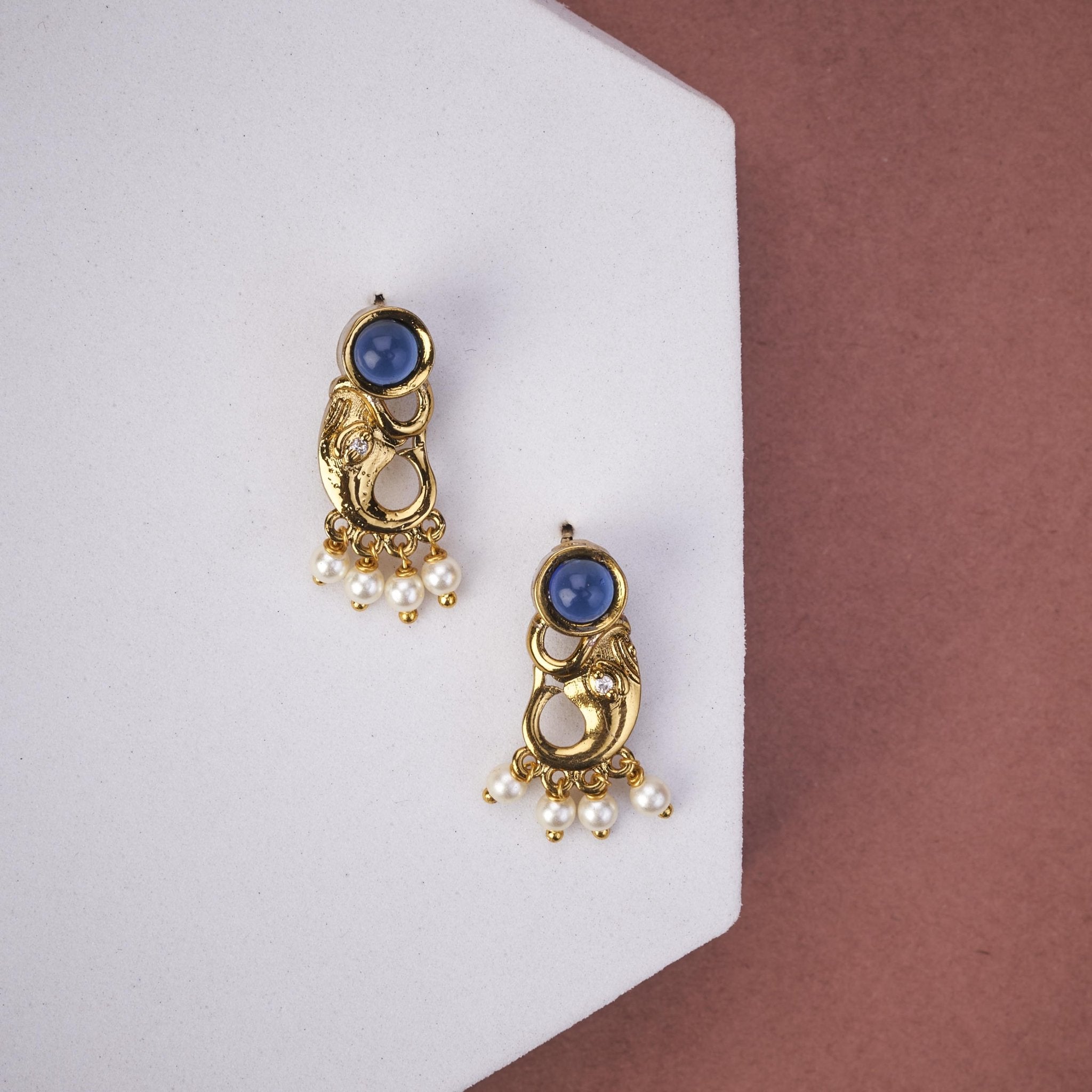 Mehendi Plated Elephant Stud Earrings with Pearl Drops