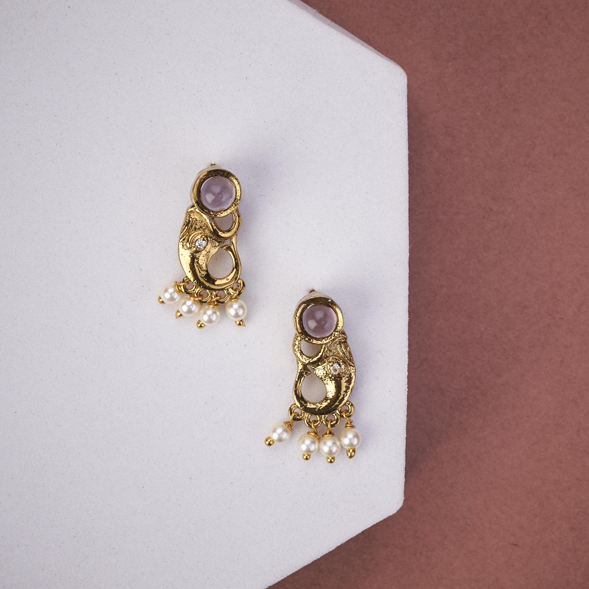 Mehendi Plated Elephant Stud Earrings with Pearl Drops