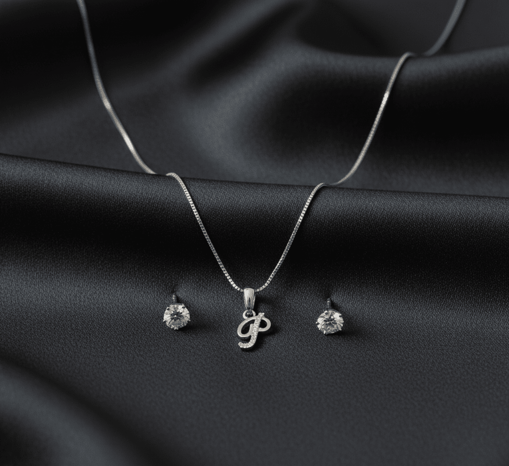 P' Initial Necklace and Cubic Zirconia Stud Earrings Set (Pack of 2)