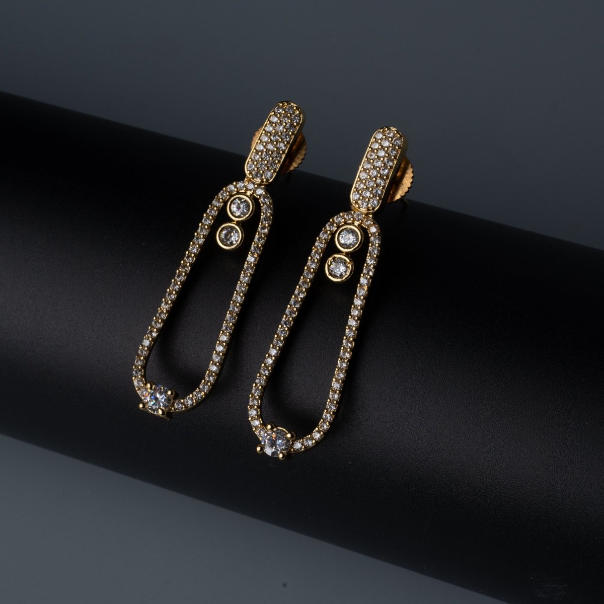 Pave American Diamond Oval Drop Gold Plated Earrings