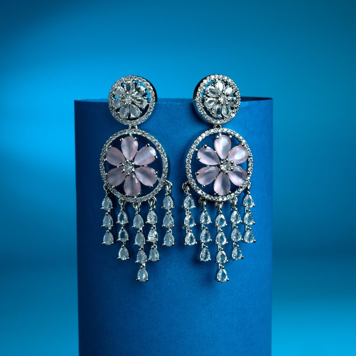 Pink Stone American Diamond Dangler Earrings