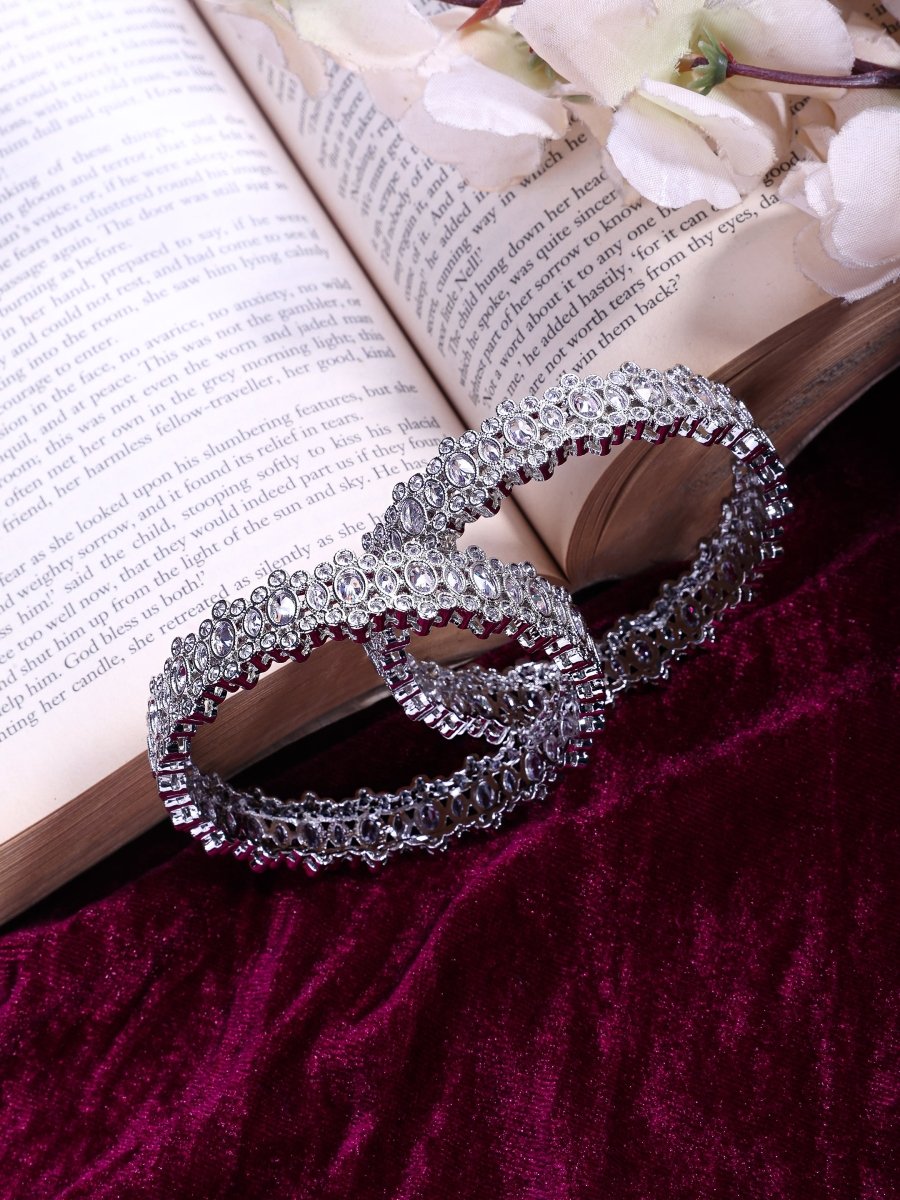 Premium AD CZ Stone Elegance Rhodium Plated Bangles Set (Pack of 2)