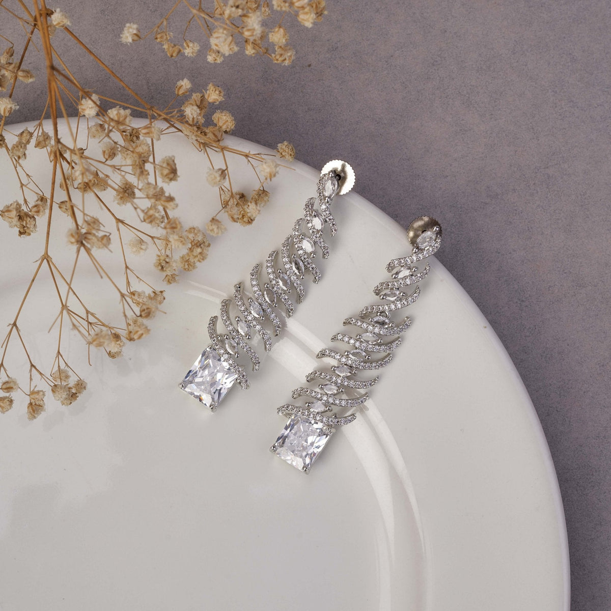 Rhodium Plated Feather Leaf American Diamond Dangler Earrings